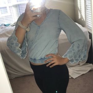 Flare sleeve light blue blouse